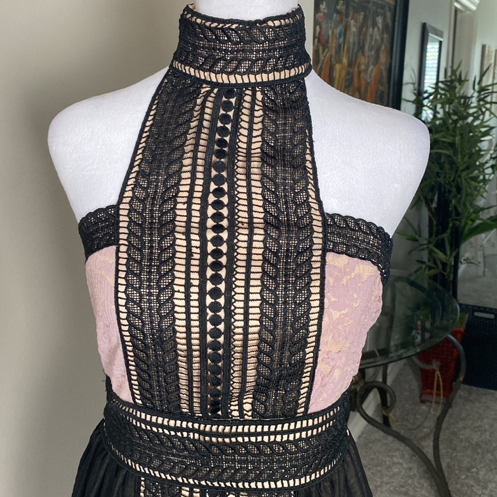Venus Womens A Line Dress Black Mauve Color Block Halter Neck Lace Trim size S - Picture 3 of 10